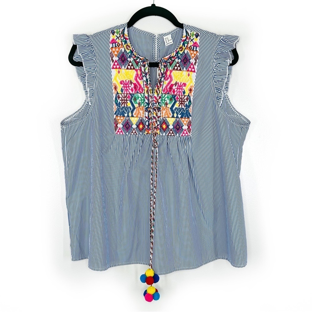 Floerns Ruffle Striped Embroidered Babydoll Blouse